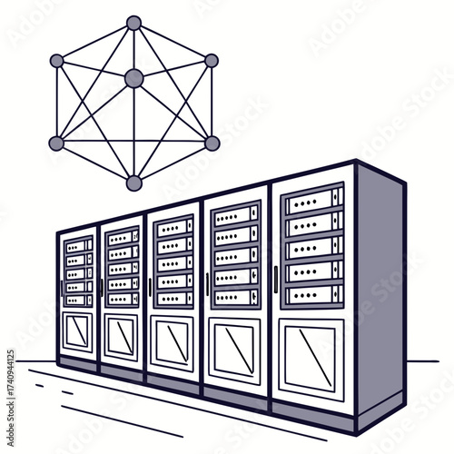 Illustration of a server rack connected to a network node, symbolizing blockchain technology and decentralized data storage, ideal for tech and finance articles