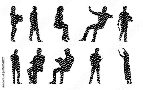 Vector illustration, Outline silhouettes of people, Contour drawing, people silhouette, Icon Set Isolated , Silhouette of sitting people, Architectural set