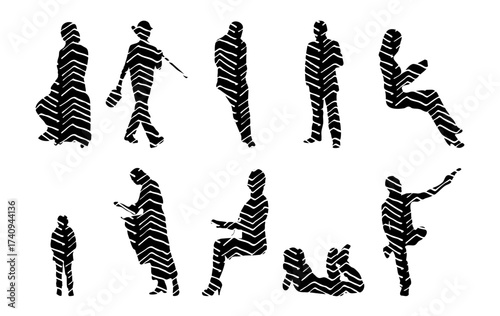 Vector illustration, Outline silhouettes of people, Contour drawing, people silhouette, Icon Set Isolated , Silhouette of sitting people, Architectural set