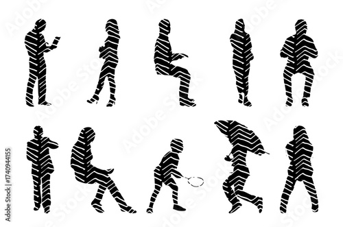 Vector illustration, Outline silhouettes of people, Contour drawing, people silhouette, Icon Set Isolated , Silhouette of sitting people, Architectural set