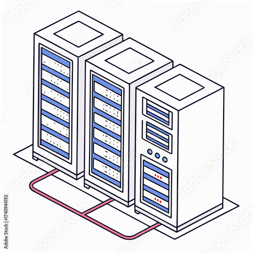 Vector art of isometric illustration of a server room with three server racks connected by a red cable, ideal for technology, data center, or network concepts