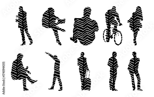 Vector illustration, Outline silhouettes of people, Contour drawing, people silhouette, Icon Set Isolated , Silhouette of sitting people, Architectural set