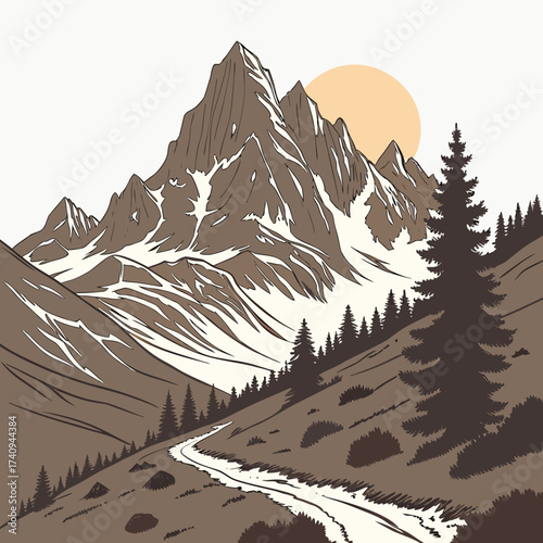 Vector art of a picturesque mountain landscape illustration features a winding path leading towards towering peaks, with the sun setting behind, creating a serene and scenic view of natures grandeur