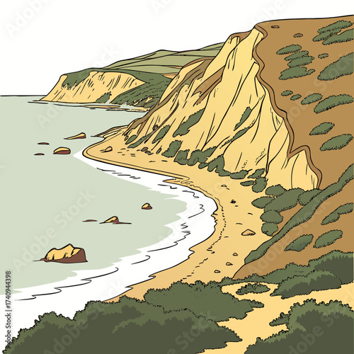 Vector art of a picturesque coastal scene featuring cliffs, a sandy beach, and gentle waves, capturing the essence of a tranquil seaside escape with its natural beauty and serene atmosphere