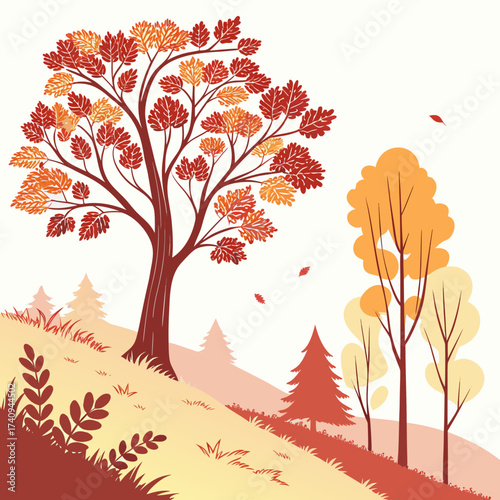 Vector art of a vibrant autumn landscape illustration showcases a large tree with red and orange leaves, set against a backdrop of rolling hills and evergreen trees