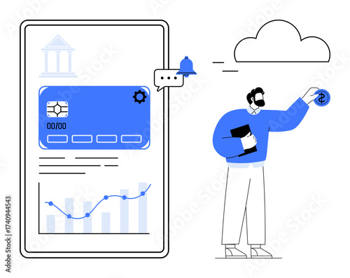 Mobile banking app with credit card, analytics graph, notification, cloud data sync, and bank icon. Ideal for finance, technology, banking, budgeting fintech money management digital innovation