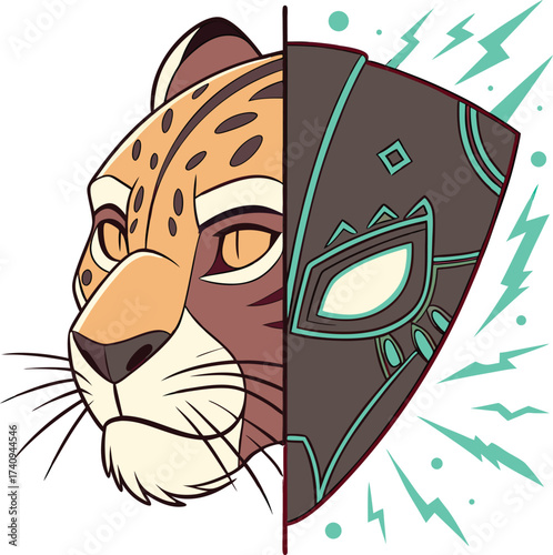 Dynamic jaguar head split with futuristic tribal mask, exuding primal power and modern mystique for bold branding.