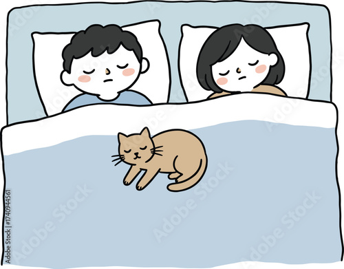 Cute couple sleeping together in bed with adorable cat, cozy bedroom illustration, relaxing night scene, sweet dreams vector, family rest, peaceful cartoon drawing