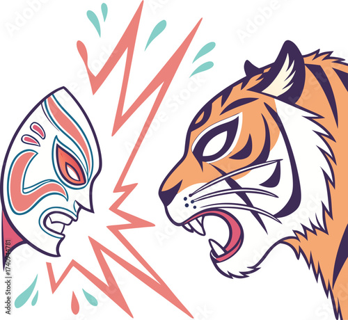 Fierce Lucha Libre wrestler mask faces off against roaring tiger in dynamic clash of titans