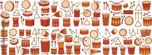 A vibrant array of musical instruments including various drums and percussion tools.