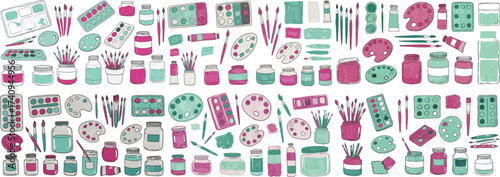 Colorful art supplies collection including paints, brushes, and palettes.