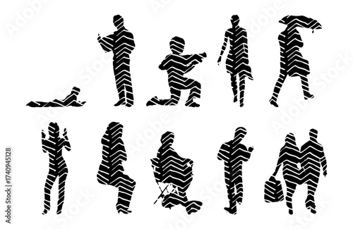 Vector illustration, Outline silhouettes of people, Contour drawing, people silhouette, Icon Set Isolated , Silhouette of sitting people, Architectural set