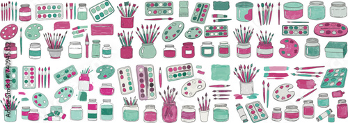 Colorful collection of art supplies including paint palettes, brushes, and jars in vibrant shades.