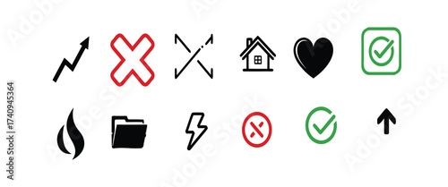 Set of versatile icons for web and graphic design projects, featuring arrows, home, heart, checkmark, folder, and more