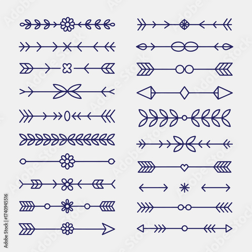 Collection of dark blue line art decorative dividers and arrows with floral elements on a light grey background