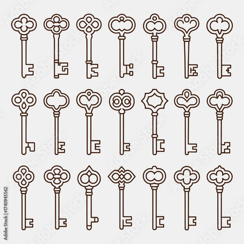 Collection of antique skeleton keys with ornate bow designs in brown outline on a light grey background