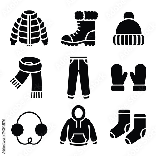 Set of 9 black and white winter clothing icons for cold weather fashion and seasonal apparel silhouette vector illustration white background