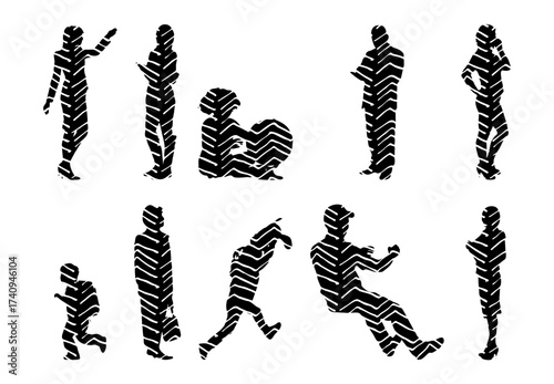 Vector illustration, Outline silhouettes of people, Contour drawing, people silhouette, Icon Set Isolated , Silhouette of sitting people, Architectural set