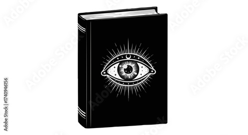 Enigmatic black book with cosmic eye symbol, a mystical literary treasure awaits