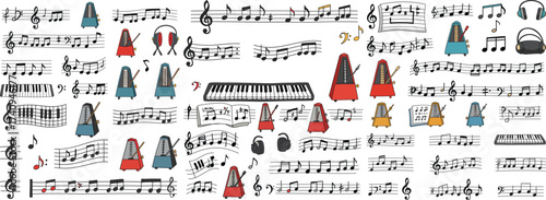 Colorful music notes and instruments arranged playfully on a white background.