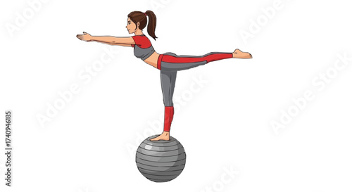 Woman balancing in warrior pose on exercise ball for fitness, wellness and flexibility