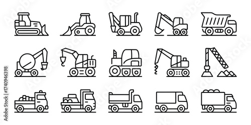 Collection of outline construction vehicles and machinery vector icons ideal for eps downloads silhouette vector illustration white background