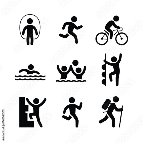 Set of 9 minimalist black and white icons representing various sports and activities vector illustration silhouette vector illustration white background