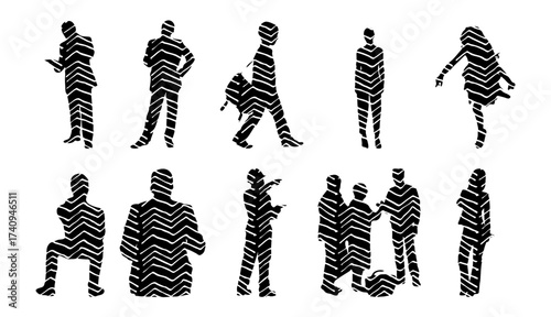 Vector illustration, Outline silhouettes of people, Contour drawing, people silhouette, Icon Set Isolated , Silhouette of sitting people, Architectural set