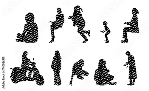 Vector illustration, Outline silhouettes of people, Contour drawing, people silhouette, Icon Set Isolated , Silhouette of sitting people, Architectural set