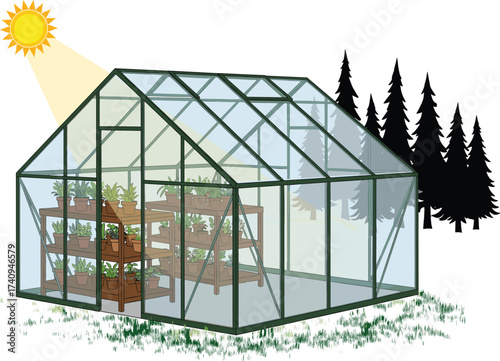 Greenhouse with glass structure, sunlight for plants, eco farming concept, organic vegetable growth, sustainable gardening, renewable energy farming, greenhouse environment control