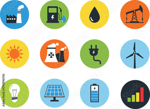 Energy icons, renewable resources, fossil fuels, solar power, wind turbine, nuclear plant, oil gas, electricity, battery storage, sustainability, eco technology, green energy