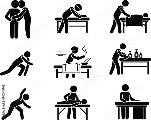 Massage therapy icon set, spa treatment symbols, acupuncture illustration, physiotherapy exercise, wellness care, relaxation therapy, health clinic, professional body treatment vector design