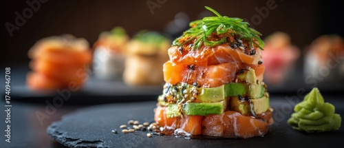 The beautifully arranged salmon and avocado sushi stack on a dark plate.