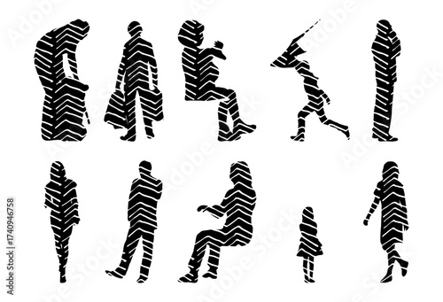 Vector illustration, Outline silhouettes of people, Contour drawing, people silhouette, Icon Set Isolated , Silhouette of sitting people, Architectural set
