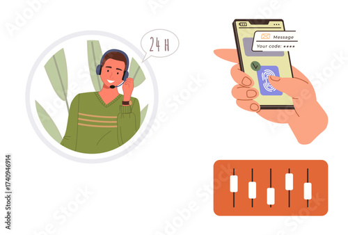 Customer service agent with headset, smartphone displaying login authentication, and data analytics graph. Ideal for technology, cybersecurity, communication, customer support, finance, digital