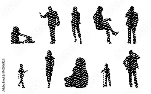 Vector illustration, Outline silhouettes of people, Contour drawing, people silhouette, Icon Set Isolated , Silhouette of sitting people, Architectural set