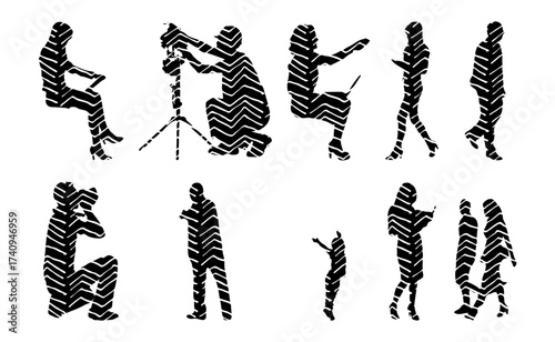 Vector illustration, Outline silhouettes of people, Contour drawing, people silhouette, Icon Set Isolated , Silhouette of sitting people, Architectural set