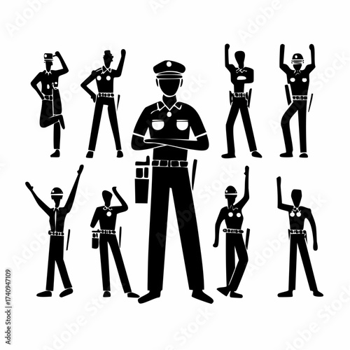 Law Enforcement in Formation: Silhouettes of police officers in various poses, embodying strength, authority, and vigilance. A monochrome depiction that signifies safety.