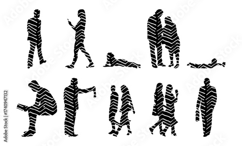 Vector illustration, Outline silhouettes of people, Contour drawing, people silhouette, Icon Set Isolated , Silhouette of sitting people, Architectural set