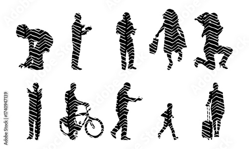 Vector illustration, Outline silhouettes of people, Contour drawing, people silhouette, Icon Set Isolated , Silhouette of sitting people, Architectural set