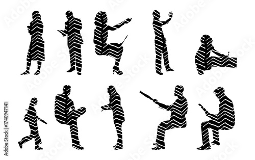 Vector illustration, Outline silhouettes of people, Contour drawing, people silhouette, Icon Set Isolated , Silhouette of sitting people, Architectural set