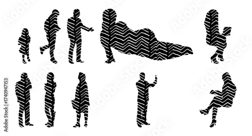 Vector illustration, Outline silhouettes of people, Contour drawing, people silhouette, Icon Set Isolated , Silhouette of sitting people, Architectural set