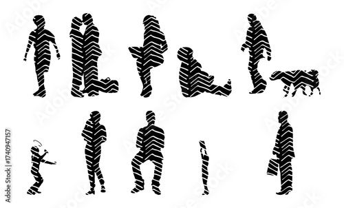 Vector illustration, Outline silhouettes of people, Contour drawing, people silhouette, Icon Set Isolated , Silhouette of sitting people, Architectural set