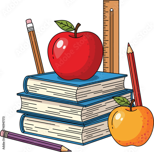 Stack of books with apples, pencils, ruler illustration, education learning supplies vector, colorful study design, school objects clipart, academic background decoration, classroom elements