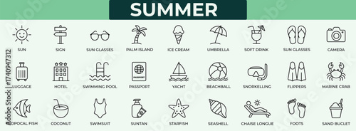 Summer line icon set. ice cream, palm, lotion, diving, trip, baggage, island, coconut, sand, shell, swimming, bikini, starfish, tour icons collection.