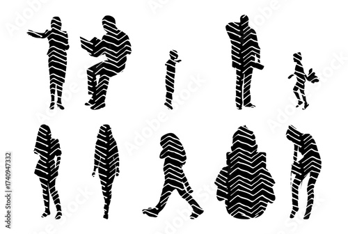 Vector illustration, Outline silhouettes of people, Contour drawing, people silhouette, Icon Set Isolated , Silhouette of sitting people, Architectural set