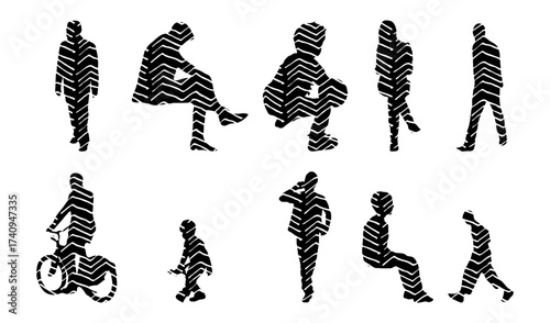 Vector illustration, Outline silhouettes of people, Contour drawing, people silhouette, Icon Set Isolated , Silhouette of sitting people, Architectural set