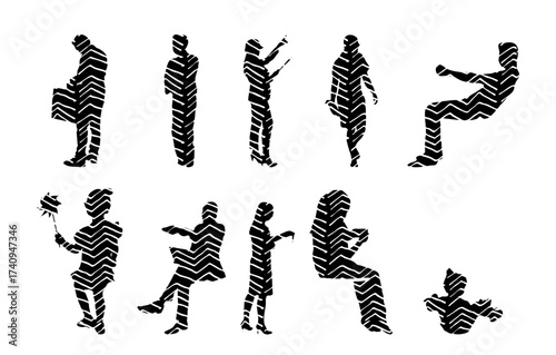 Vector illustration, Outline silhouettes of people, Contour drawing, people silhouette, Icon Set Isolated , Silhouette of sitting people, Architectural set