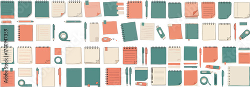 Colorful stationery collection featuring notepads, pens, and sticky notes in teal and coral.