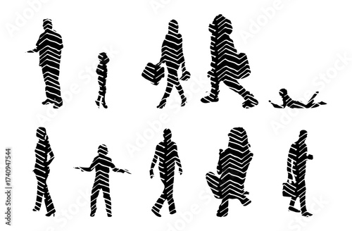 Vector illustration, Outline silhouettes of people, Contour drawing, people silhouette, Icon Set Isolated , Silhouette of sitting people, Architectural set